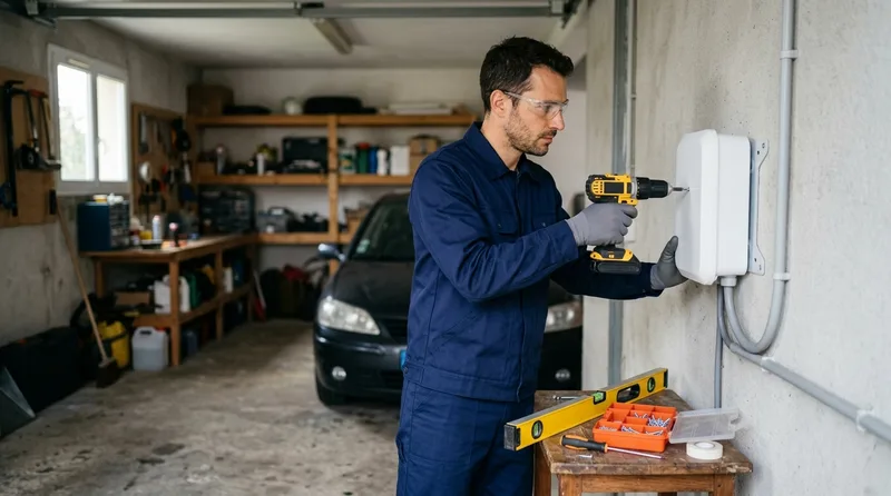 Borne de recharge murale installée dans le garage d'une maison